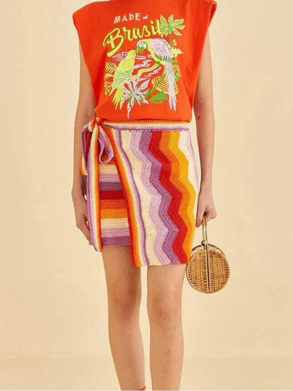 Womens Multicolor Chevron Knit Wrap Skirt - Orange & Pink